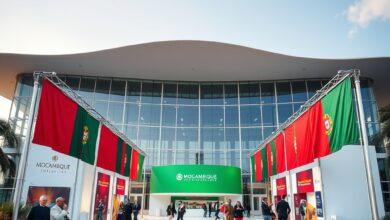 Pavilhão de exposições empresariais moderno com bandeiras de Portugal e Moçambique em evento de negócios internacional.