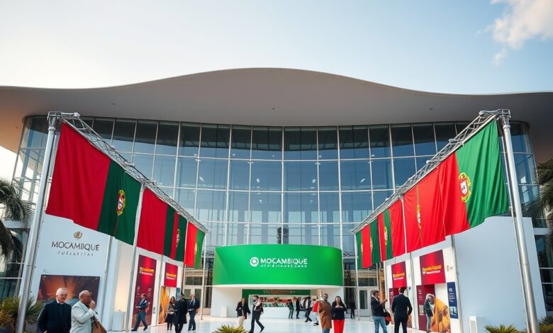 Pavilhão de exposições empresariais moderno com bandeiras de Portugal e Moçambique em evento de negócios internacional.