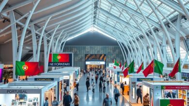 Pavilhão de exposição internacional moderno com stands de empresas e bandeiras de Portugal e Moçambique ao fundo