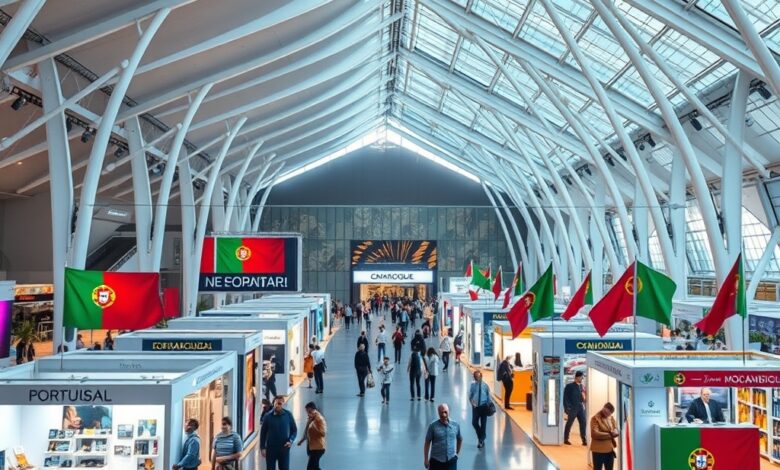 Pavilhão de exposição internacional moderno com stands de empresas e bandeiras de Portugal e Moçambique ao fundo