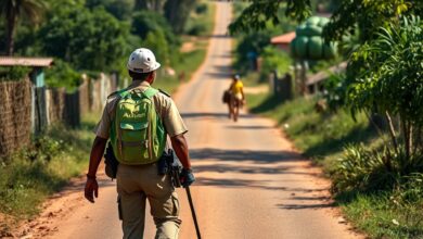 Agente de recenseamento moçambicano com prancheta a caminhar por uma estrada de terra numa aldeia rural.