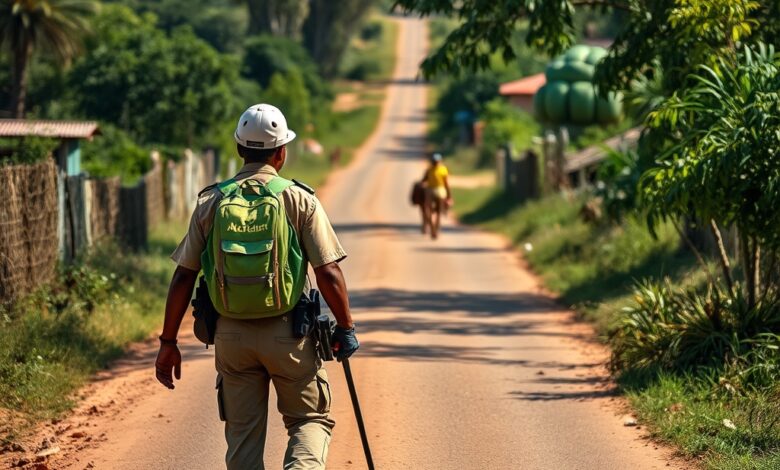 Agente de recenseamento moçambicano com prancheta a caminhar por uma estrada de terra numa aldeia rural.