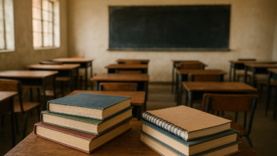 Livros, cadernos e uma sala de aula representam o legado educacional em Moçambique