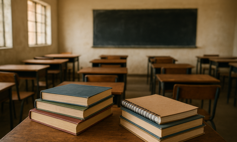 Livros, cadernos e uma sala de aula representam o legado educacional em Moçambique