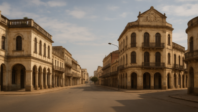 Vista urbana histórica de uma cidade moçambicana com ruas amplas e edifícios de época