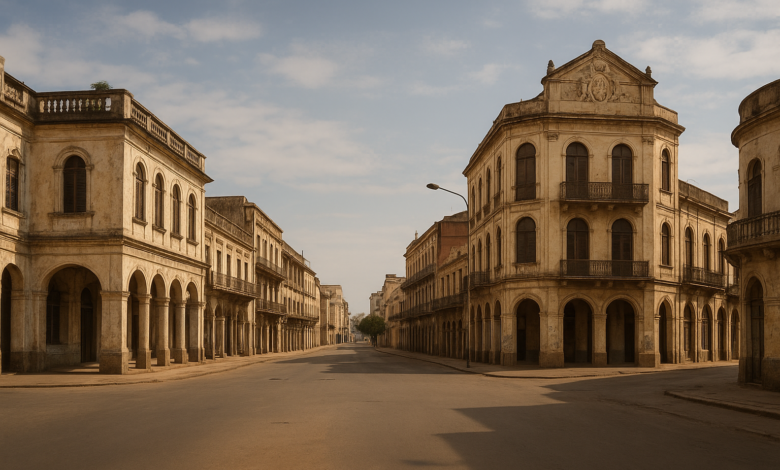 Vista urbana histórica de uma cidade moçambicana com ruas amplas e edifícios de época