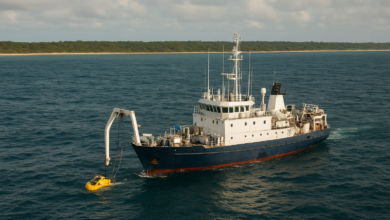 Embarcação de investigação científica a recolher dados sobre biodiversidade marinha na costa de Moçambique