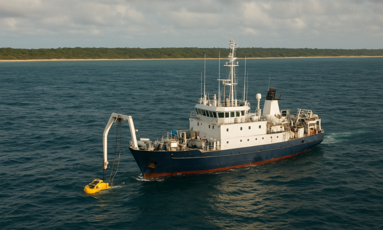 Embarcação de investigação científica a recolher dados sobre biodiversidade marinha na costa de Moçambique