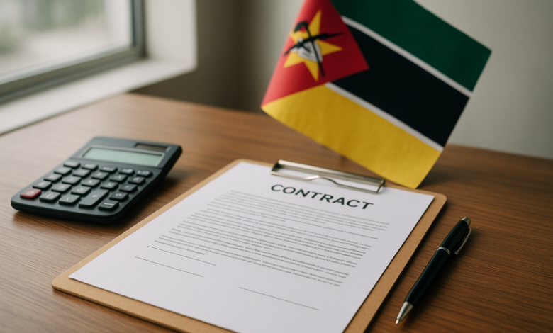 Documentos de contratação pública sobre mesa de escritório com calculadora e bandeira moçambicana ao fundo