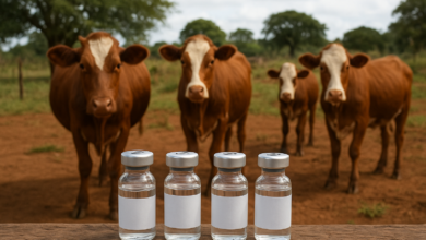 Frascos de vacina veterinária junto a bovinos numa exploração rural moçambicana
