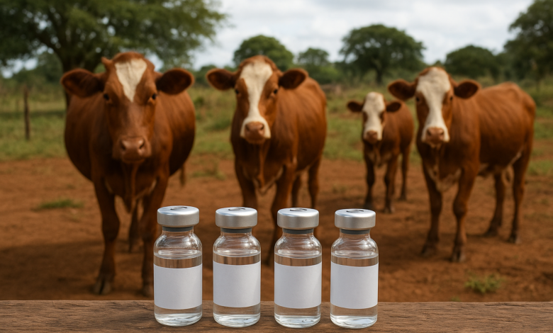 Frascos de vacina veterinária junto a bovinos numa exploração rural moçambicana