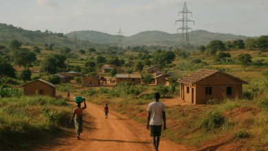 Paisagem rural moçambicana com comunidade e infraestruturas locais em desenvolvimento