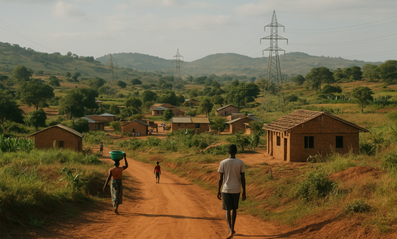 Paisagem rural moçambicana com comunidade e infraestruturas locais em desenvolvimento