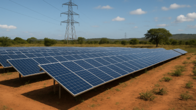 Infraestrutura energética e painéis solares numa paisagem moçambicana, em estilo fotojornalístico realista
