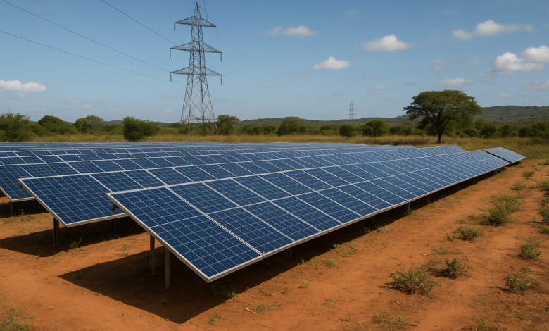 Infraestrutura energética e painéis solares numa paisagem moçambicana, em estilo fotojornalístico realista