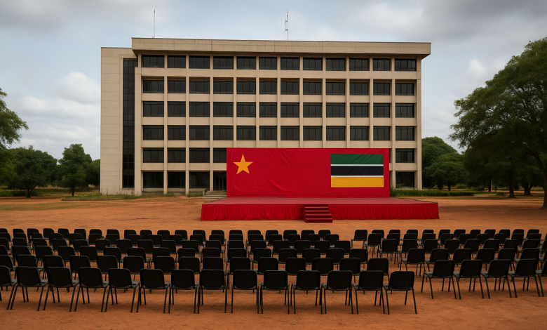 Edifício administrativo em Chimoio junto a espaço preparado para conferência política