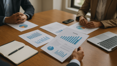 Mesa de reunião com documentos sobre trabalho e desenvolvimento empresarial em Moçambique