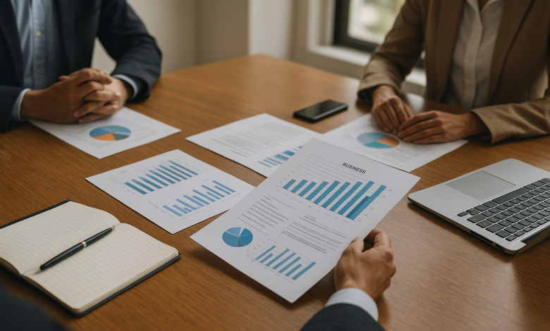 Mesa de reunião com documentos sobre trabalho e desenvolvimento empresarial em Moçambique