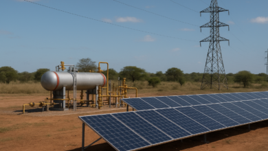 Instalação industrial de gás junto a painéis solares e linhas de transmissão em paisagem moçambicana