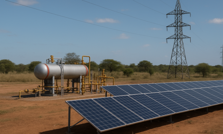Instalação industrial de gás junto a painéis solares e linhas de transmissão em paisagem moçambicana