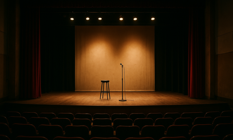 Palco de teatro iluminado em Moçambique preparado para espectáculo de humor