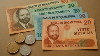 Notas e moedas moçambicanas organizadas sobre uma superfície, em imagem editorial realista