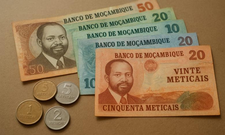 Notas e moedas moçambicanas organizadas sobre uma superfície, em imagem editorial realista