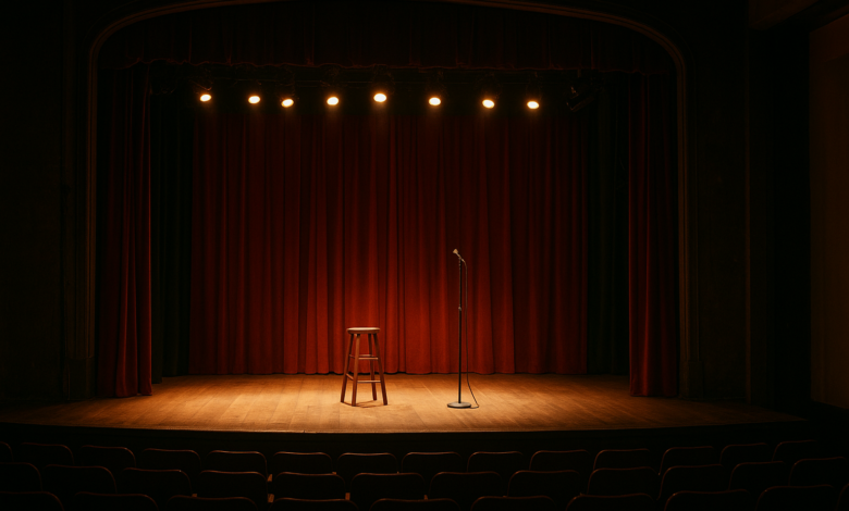 Palco de teatro iluminado para espetáculo de comédia e intercâmbio cultural em Moçambique
