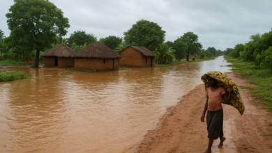 Comunidade rural moçambicana junto a estrada alagada após chuvas intensas