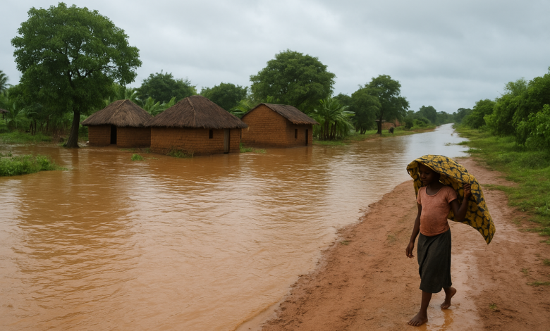Comunidade rural moçambicana junto a estrada alagada após chuvas intensas