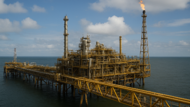 Instalação petrolífera moderna em Moçambique sob céu aberto, representando regulação e fiscalização de hidrocarbonetos