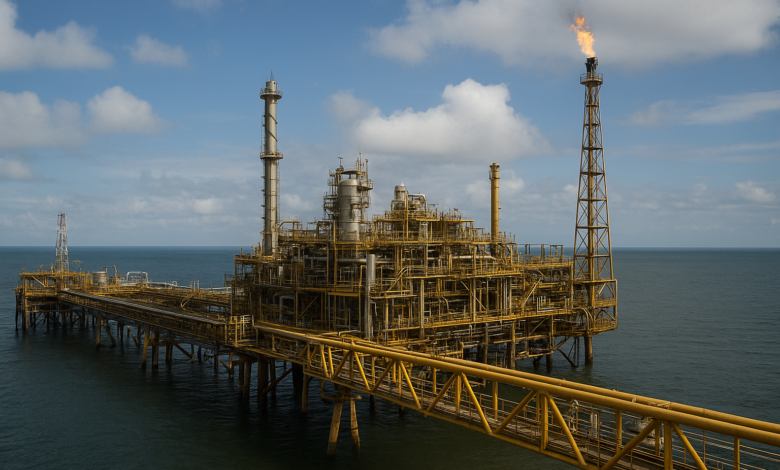 Instalação petrolífera moderna em Moçambique sob céu aberto, representando regulação e fiscalização de hidrocarbonetos