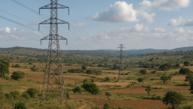 Linha de transmissão eléctrica atravessando paisagem rural entre Moçambique e Maláui