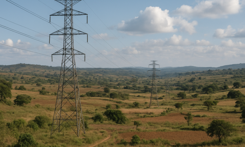 Linha de transmissão eléctrica atravessando paisagem rural entre Moçambique e Maláui