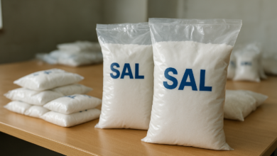 Embalagens de sal alimentar apreendidas sobre mesa durante fiscalização sanitária