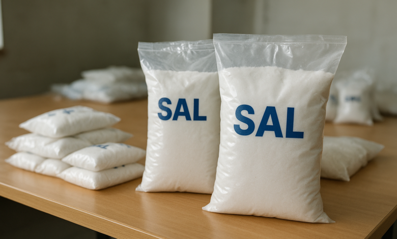 Embalagens de sal alimentar apreendidas sobre mesa durante fiscalização sanitária