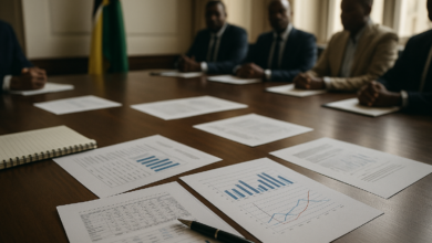 Documentos financeiros sobre mesa de reunião partidária em ambiente institucional moçambicano
