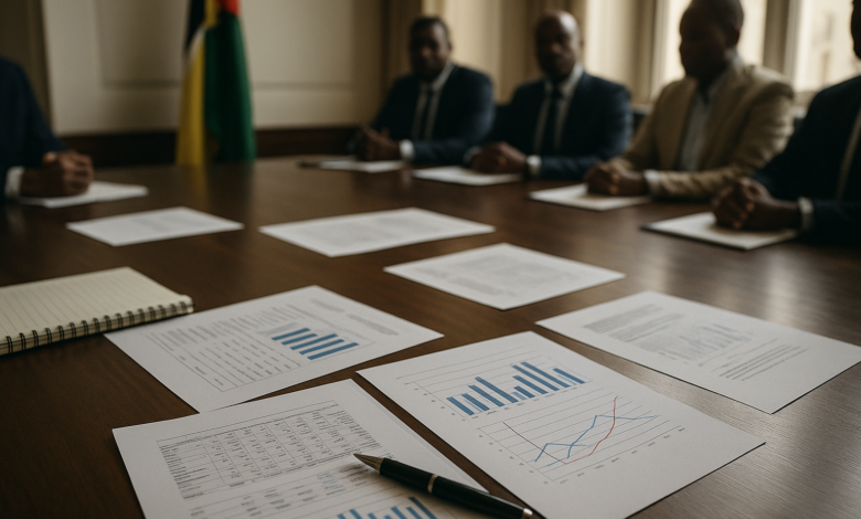 Documentos financeiros sobre mesa de reunião partidária em ambiente institucional moçambicano