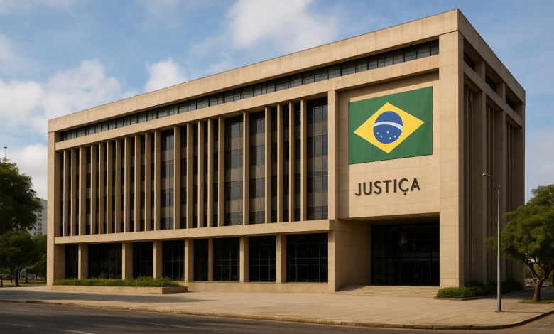 Edifício institucional da Justiça brasileira em perspectiva, com iluminação natural e ambiente urbano ao redor