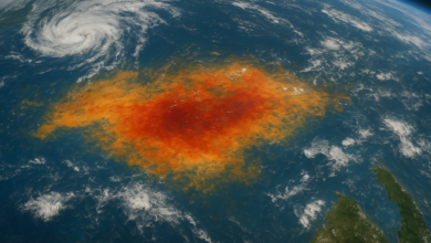 Mapa climático do Pacífico com áreas oceânicas aquecidas e nuvens sobre regiões tropicais