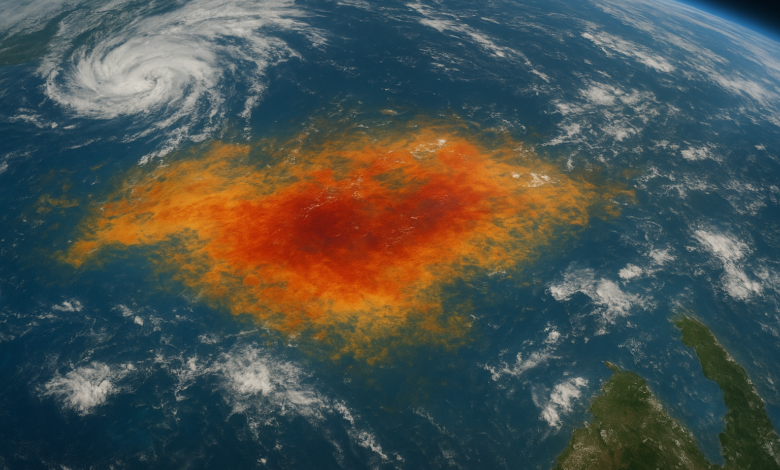 Mapa climático do Pacífico com áreas oceânicas aquecidas e nuvens sobre regiões tropicais
