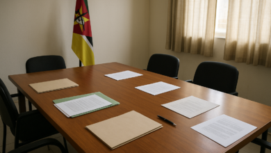Mesa de diálogo político com documentos e cadeiras numa sala institucional em Moçambique