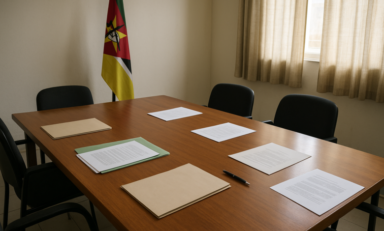 Mesa de diálogo político com documentos e cadeiras numa sala institucional em Moçambique