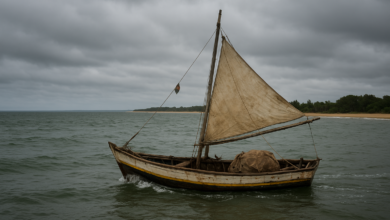 Embarcação de pesca artesanal junto à costa de Quissanga, em Cabo Delgado, sob céu nublado