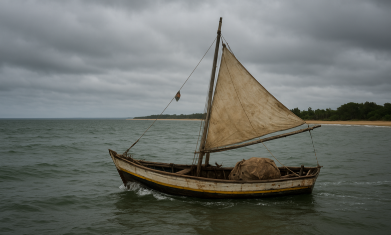 Embarcação de pesca artesanal junto à costa de Quissanga, em Cabo Delgado, sob céu nublado
