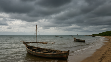 Barcos de pesca artesanal junto à costa de Quissanga sob céu nublado