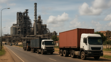 Instalação industrial moçambicana junto a estrada com camiões de carga em ambiente urbano