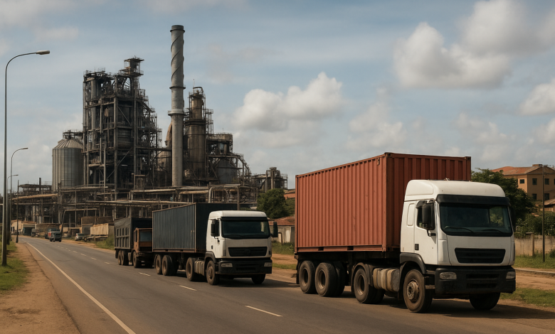 Instalação industrial moçambicana junto a estrada com camiões de carga em ambiente urbano