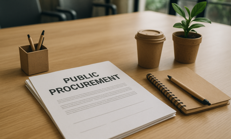Documentos de contratação pública sobre mesa de reunião com materiais sustentáveis em ambiente institucional