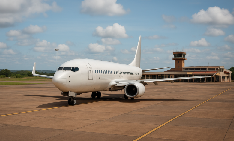 Aeronave comercial estacionada numa pista regional junto ao terminal aéreo de Chimoio